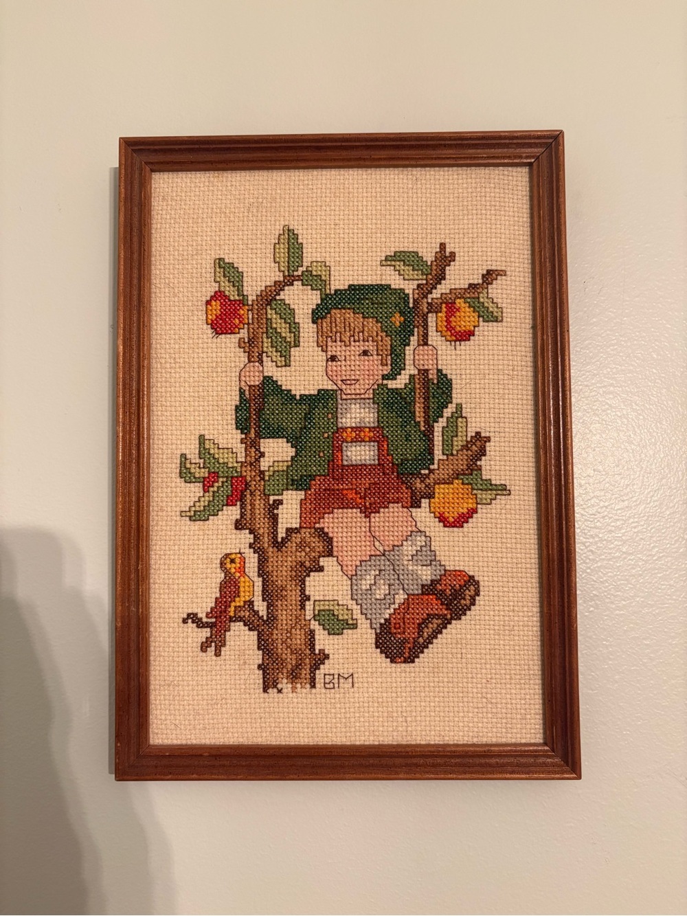 Framed Vintage Goebel Hummel Needlepoint Cross Stitch Boy in Apple Tree Folksy